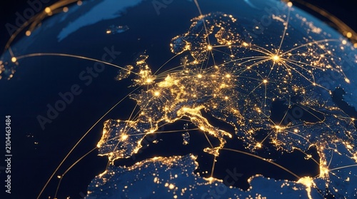 European telecommunication and data transfer networks with global internet connectivity for business, finance, blockchain, security, and IoT.