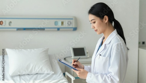 Medical expert in lab coat taking notes in hospital room with patient bed visible in the background