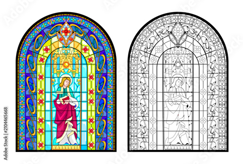 Colorful and black and white illustration of Gothic stained glass window with Peter the Apostle from Church of Saint Matthew in Quimper. Coloring book. French architecture. Hand drawn vector.