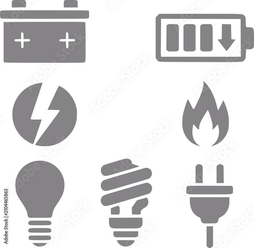 Photos Una colección de iconos grises que representan energía, electricidad, fuentes de