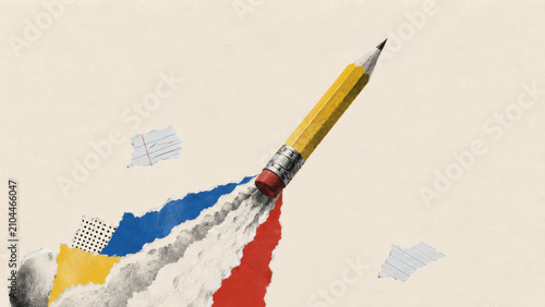 Creative back to school collage with pencil rocket launching, education metaphor for learning, ambition and success