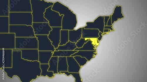 Animated Glowing Maryland State Map on a Light Gray Gradient Background. Ideal for geography, business, news, and infographic projects.