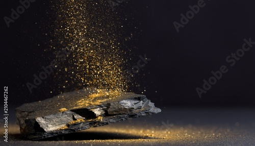 Shining gold dust particles exploding above a dark textured rock surface with particles