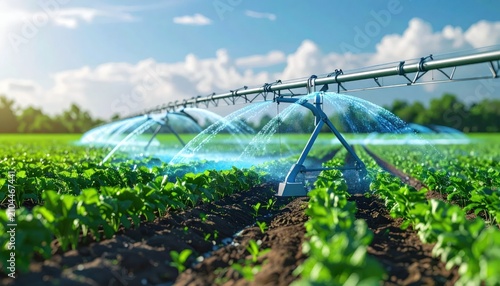 Automated irrigation system watering green farm crops.