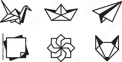 Six creative origami paper folding designs in black and white Vector