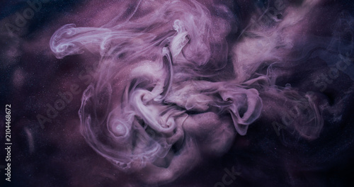 Magic ink splash. Smoke texture. Purple cosmic flow wave swirling paint mist. Mystic stream defocused puff explosion abstract background.