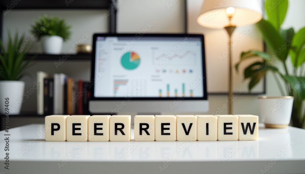 Fototapeta premium Academic analytics desk with PEER REVIEW blocks for research evaluation, manuscript feedback, scholarly assessment and publication workflow.