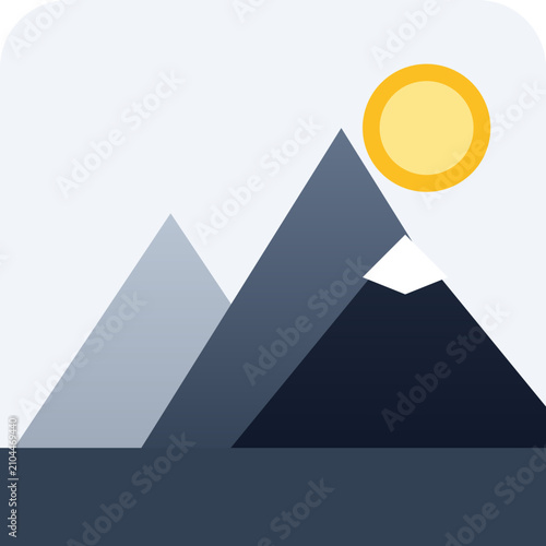 A minimalist vector graphic illustration of mountains and a sun