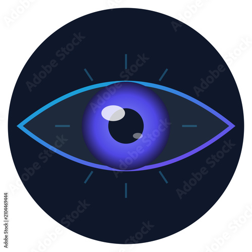 A glowing blue eye icon in a dark circle with a white background