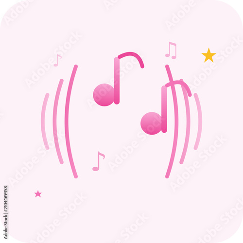A minimalist vector graphic of pink music notes and symbols on a light pink background