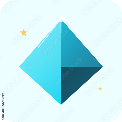 A blue geometric pyramid icon with a minimalist design and stars
