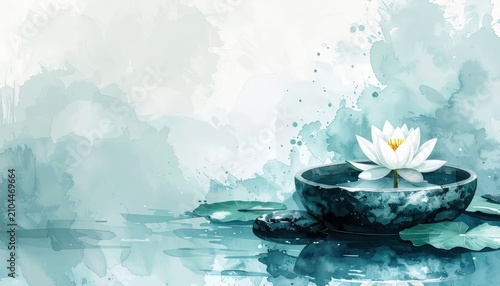Serene watercolor illustration of a white lotus flower in a stone bowl on tranquil water with lily pads and extensive copy space for wellness and spa design.