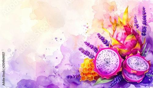 Watercolor Illustration of Tropical Dragon Fruit with Lavender and Honeycomb on Abstract Purple Background with Copy Space