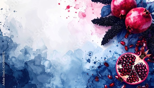 Artistic Watercolor Illustration of Fresh Red Pomegranates with Blue and Pink Paint Splashes and Ample Copy Space for Text