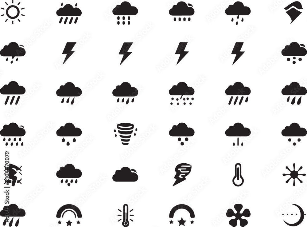 Obraz premium Weather icon set, black flat meteorology symbols, 36 vector elements for forecast apps