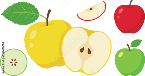 Foto Fresh apple fruit vector set featuring whole red green and yellow apples with ha