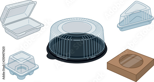 Obraz na płótnie Plastic food packaging vector set featuring empty transparent cake containers cl