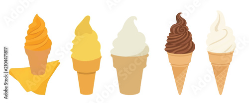 Fotografie Soft serve ice cream cone set, assorted colorful ice-cream flavors vector illustration for summer dessert menu