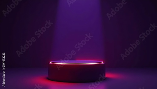 Empty podium with purple and pink neon light spotlight.