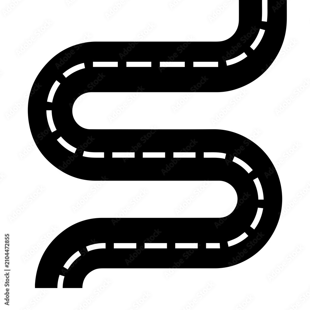Fototapeta premium Stylized winding road path graphic with dashed center lane, transportation