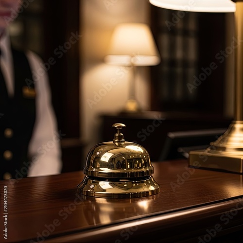 Brass reception bell on wooden hotel counter with staff.