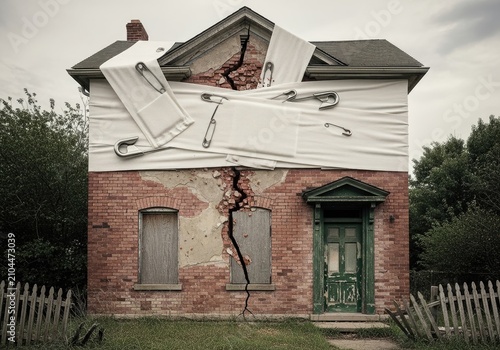 Brick house secured with horizontal white bandage.