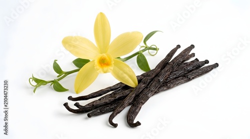 Fresh aromatic vanilla beans and a beautiful yellow flower isolated on a white background for food ingredients and natural flavoring concepts