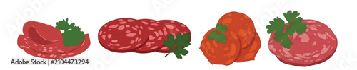 Foto Sliced pepperoni and salami set, cold cuts sausage slices with parsley for pizza toppings vector illustration