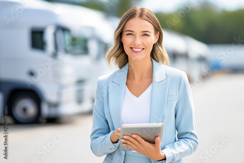 Smiling Female Logistics Manager Holding Digital Tablet in Front of Delivery Trucks