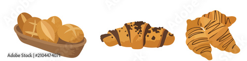 Canvastavla Fresh bakery bread set, French baguette, bread basket and golden croissants vector illustration for cafe menu
