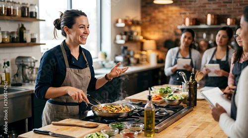 A smiling woman in an apron cooking in a kitchen with other people around the counter.