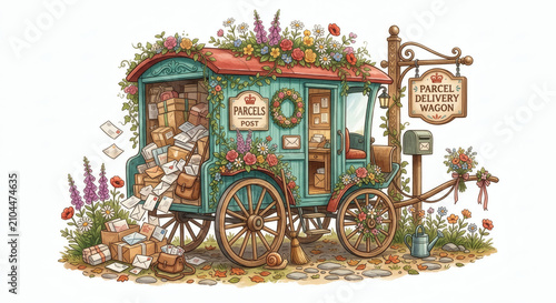 Vintage parcel delivery wagon overflowing with letters and packages watercolor illustration