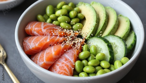 Tasty salmon poke bowl featuring fresh avocado edamame and a refreshing cucumber garnish