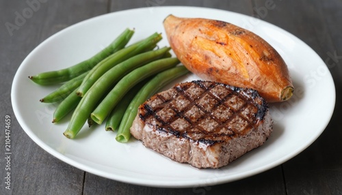 Deliciously grilled steak served alongside sweet potato and fresh green beans on a pristine white plate