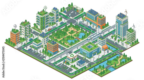 Isometric eco city vector illustration, sustainable urban landscape with green roofs and renewable energy, futuristic smart city infrastructure