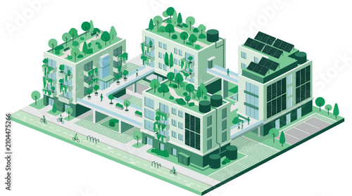 Sustainable green city isometric vector, eco friendly urban architecture with rooftop gardens and solar panels, modern smart city housing development
