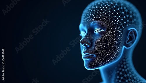Futuristic Digital Human Face with Glowing Blue Circuits and Particles.