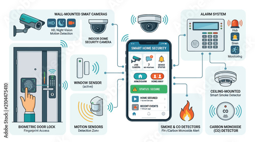 Smart home security system infographic, wireless surveillance cameras and biometric door lock, mobile app controlling home automation devices