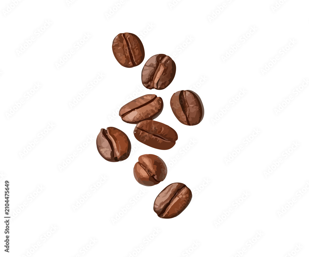 Naklejka premium Roasted coffee beans isolated on white. Organic brown coffee seeds for espresso brewing.