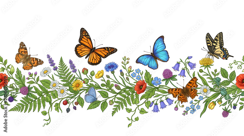 Fototapeta premium Decorative horizontal border with butterflies in different flight positions, wildflowers and leaves, isolated on white background, clean composition, copy space, commercial stock illustration, 