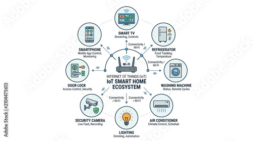 IoT Smart Home Ecosystem infographic, Internet of Things connected devices network, automated home technology system vector with flat icons