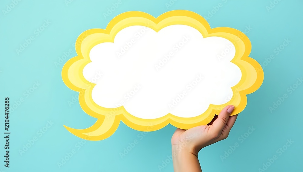 Obraz premium Hand Holding a Yellow Speech Bubble Against a Blue Background.
