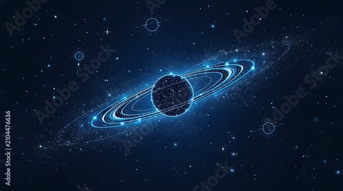 Glowing Blue Planet with Rings in Deep Space.