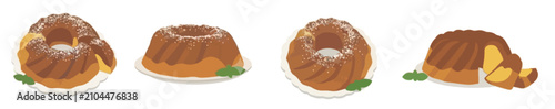 Bild auf Leinwand Delicious bundt cake set with chocolate glaze and cake slices, traditional Gugelhupf bakery vector illustration