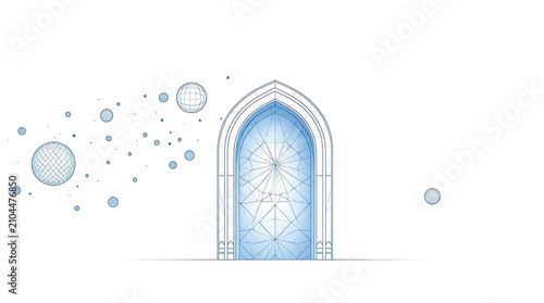 Abstract architectural doorway with glowing geometric patterns and floating spheres.