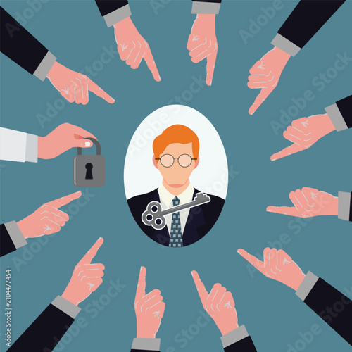 Foto Man with key in the center of pointing hands vector illustration