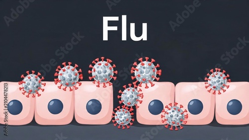 Flu virus particles interacting with human cells in a microscopic illustration