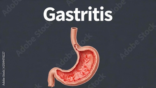 Gastritis illustration showing inflamed human stomach lining on a dark background