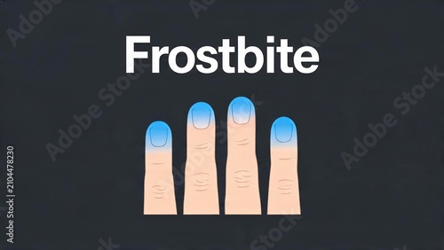 Graphic illustration of frostbite with blue fingertips and text on a dark background