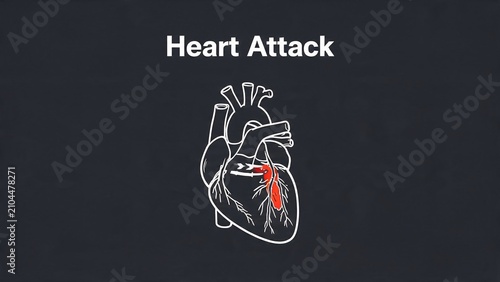 Heart Attack text with human heart diagram showing coronary artery blockage